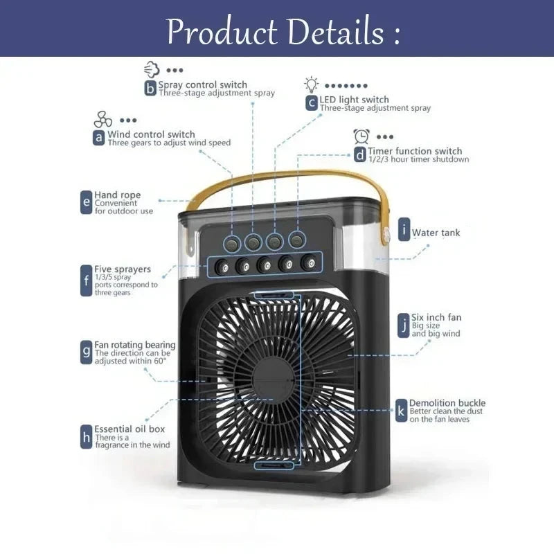 New 3 In 1 Portable Air Cooler Fan With Humidifier & 7-Color Led Night Light