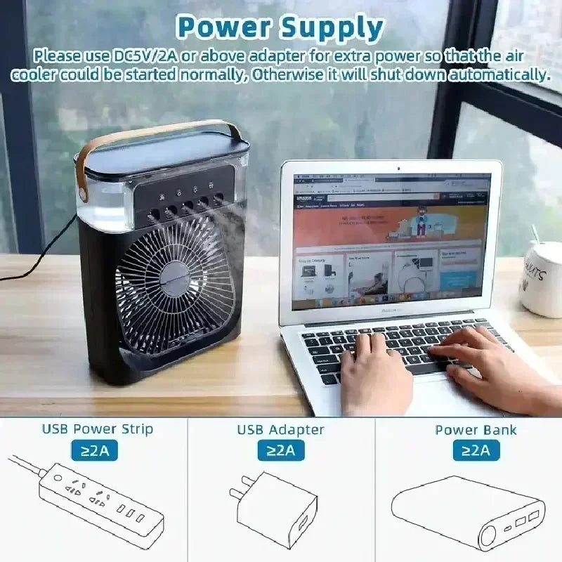 New 3 In 1 Portable Air Cooler Fan With Humidifier & 7-Color Led Night Light
