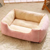 Bed for Cats soft plush pet bed with pink exterior and cream cushioned interior, cozy rectangular shape