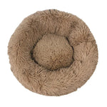 Donut Mand Dog Accessories round pet bed in taupe-brown plush fleece, with a raised shaggy rim and cushioned center