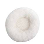 Donut Mand Dog Accessories round pet bed in white plush fleece, with a fluffy raised rim and cushioned center
